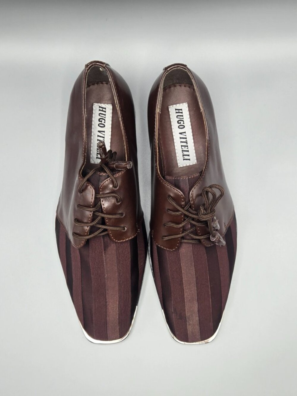 Hugo Vitelli Men's Brown Striped Dress Shoes Size 11 Square Toe Metal Tip Oxford - Picture 4 of 15
